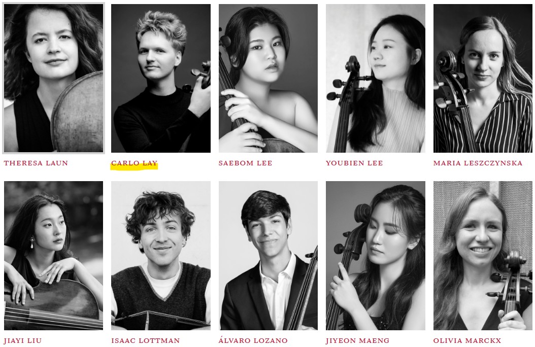 Kandidatenübersicht des Queen Elisabeth Cello Wettbewerbs 2026 mit hervorgehobenem Namen Carlo Lay