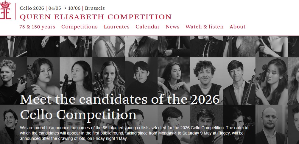 Startseite des Queen Elisabeth Competition mit der Ankündigung der Kandidatinnen und Kandidaten des Cellowettbewerbs 2026