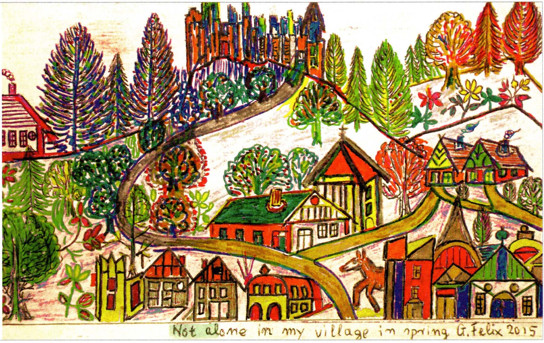 Zeichnung „Not alone in my village in spring“ von Günter Felix